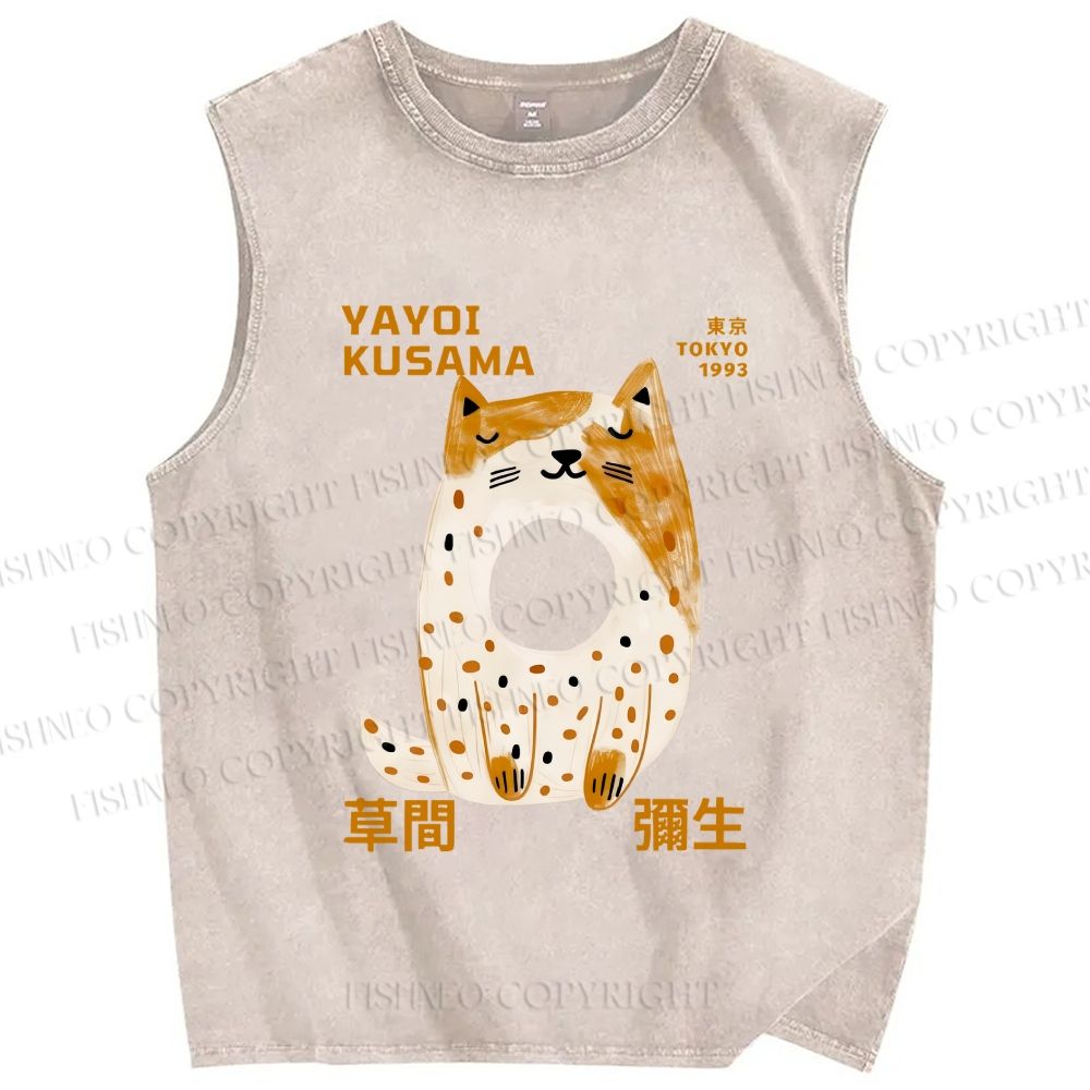 Unisex Yayoi Kusama Donut Cat Printed Washed Tank Top