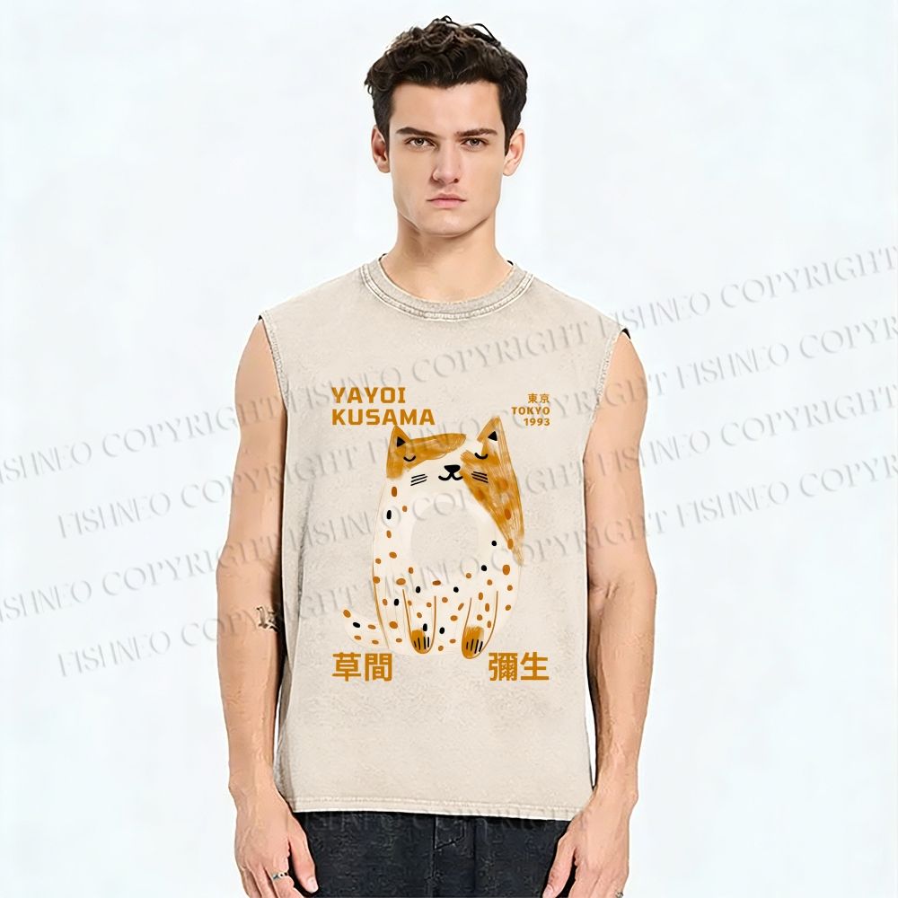 Unisex Yayoi Kusama Donut Cat Printed Washed Tank Top