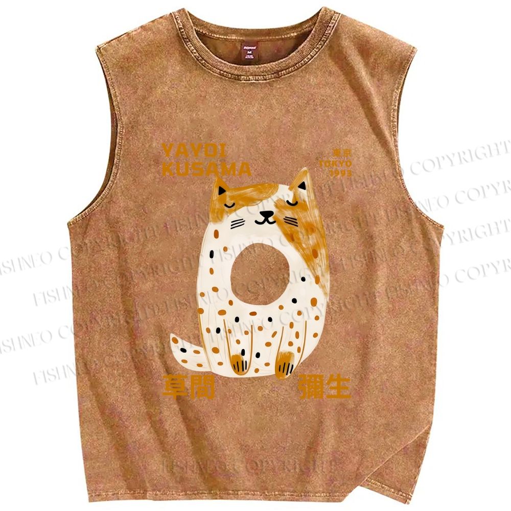 Unisex Yayoi Kusama Donut Cat Printed Washed Tank Top