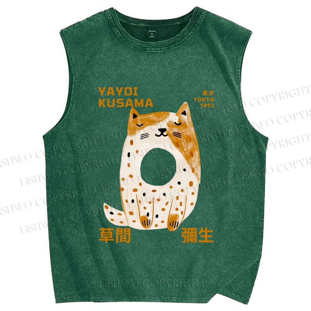Unisex Yayoi Kusama Donut Cat Printed Washed Tank Top