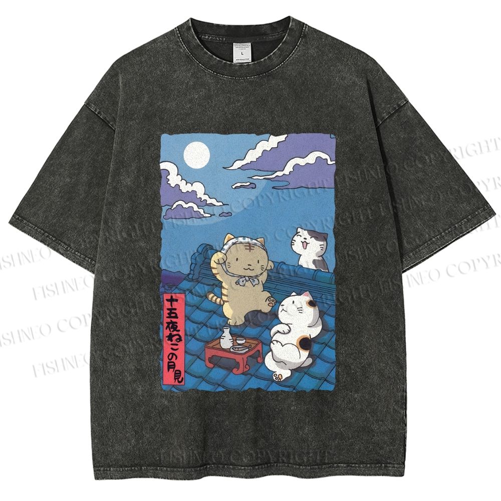 Unisex Japanese Cats Playing Underneath the Moonlight Printed Washed Tee