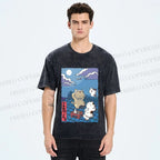 Unisex Japanese Cats Playing Underneath the Moonlight Printed Washed Tee