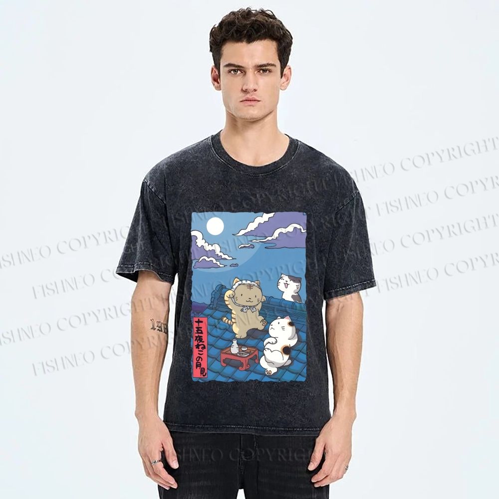 Unisex Japanese Cats Playing Underneath the Moonlight Printed Washed Tee