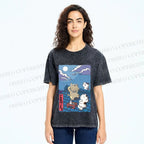 Unisex Japanese Cats Playing Underneath the Moonlight Printed Washed Tee