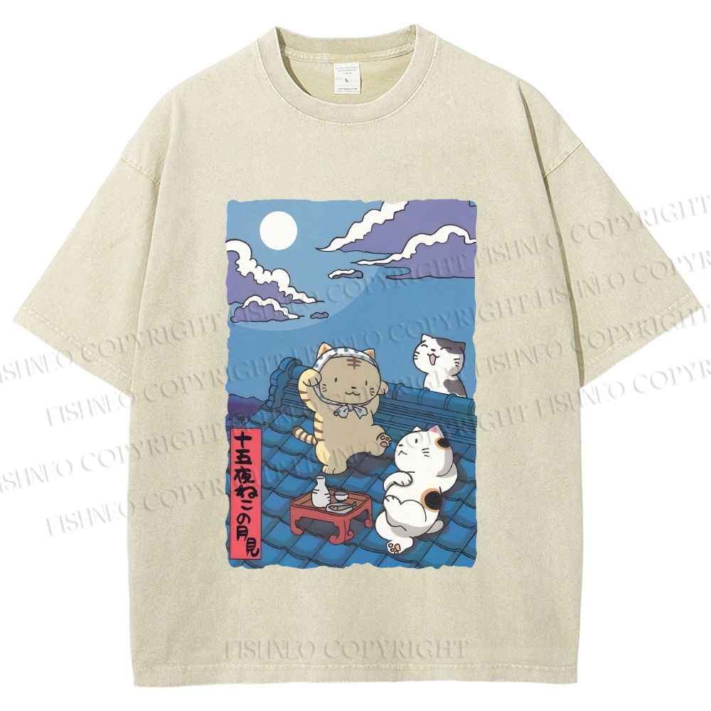 Unisex Japanese Cats Playing Underneath the Moonlight Printed Washed Tee