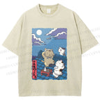 Unisex Japanese Cats Playing Underneath the Moonlight Printed Washed Tee