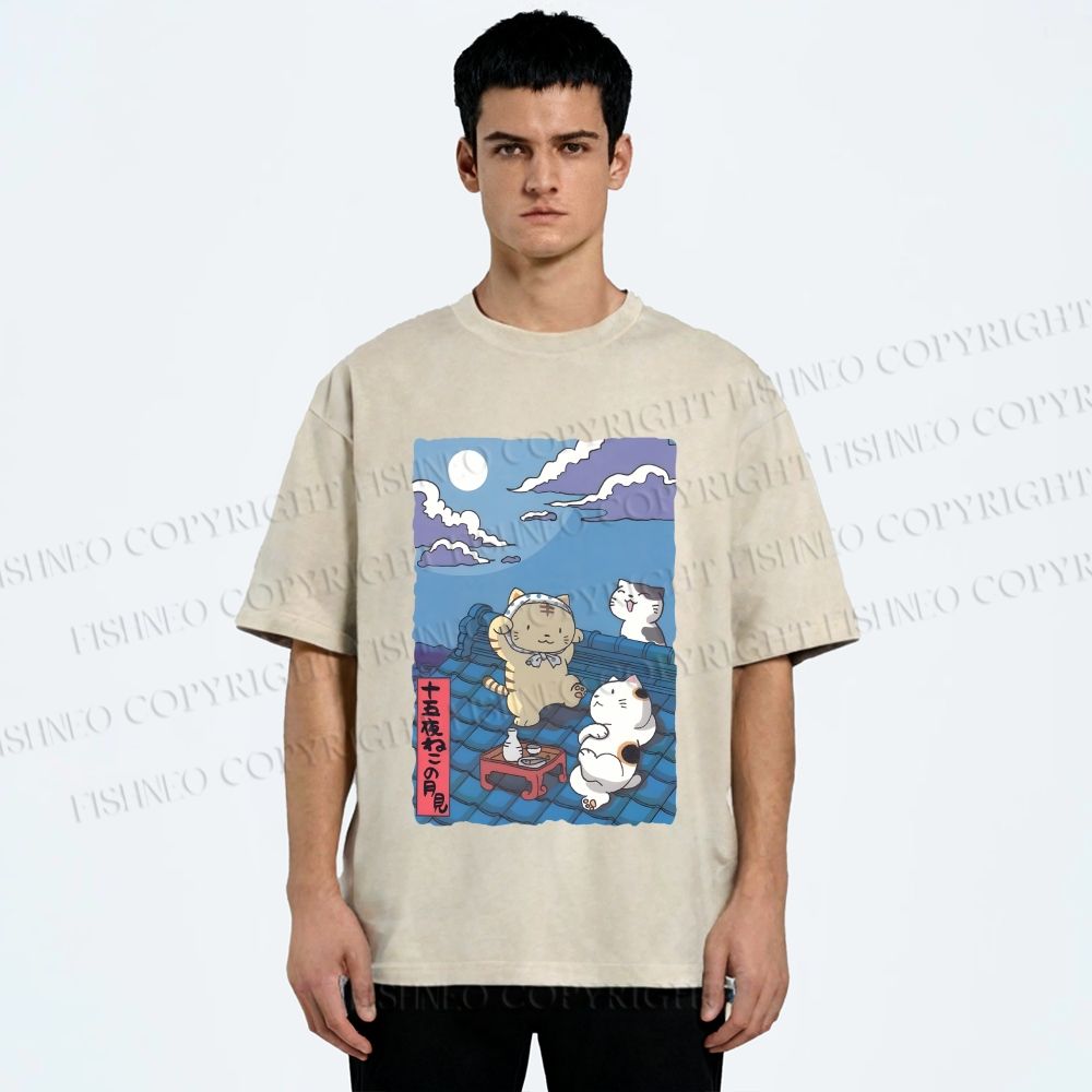 Unisex Japanese Cats Playing Underneath the Moonlight Printed Washed Tee
