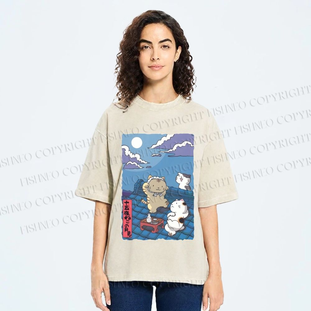 Unisex Japanese Cats Playing Underneath the Moonlight Printed Washed Tee