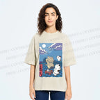 Unisex Japanese Cats Playing Underneath the Moonlight Printed Washed Tee
