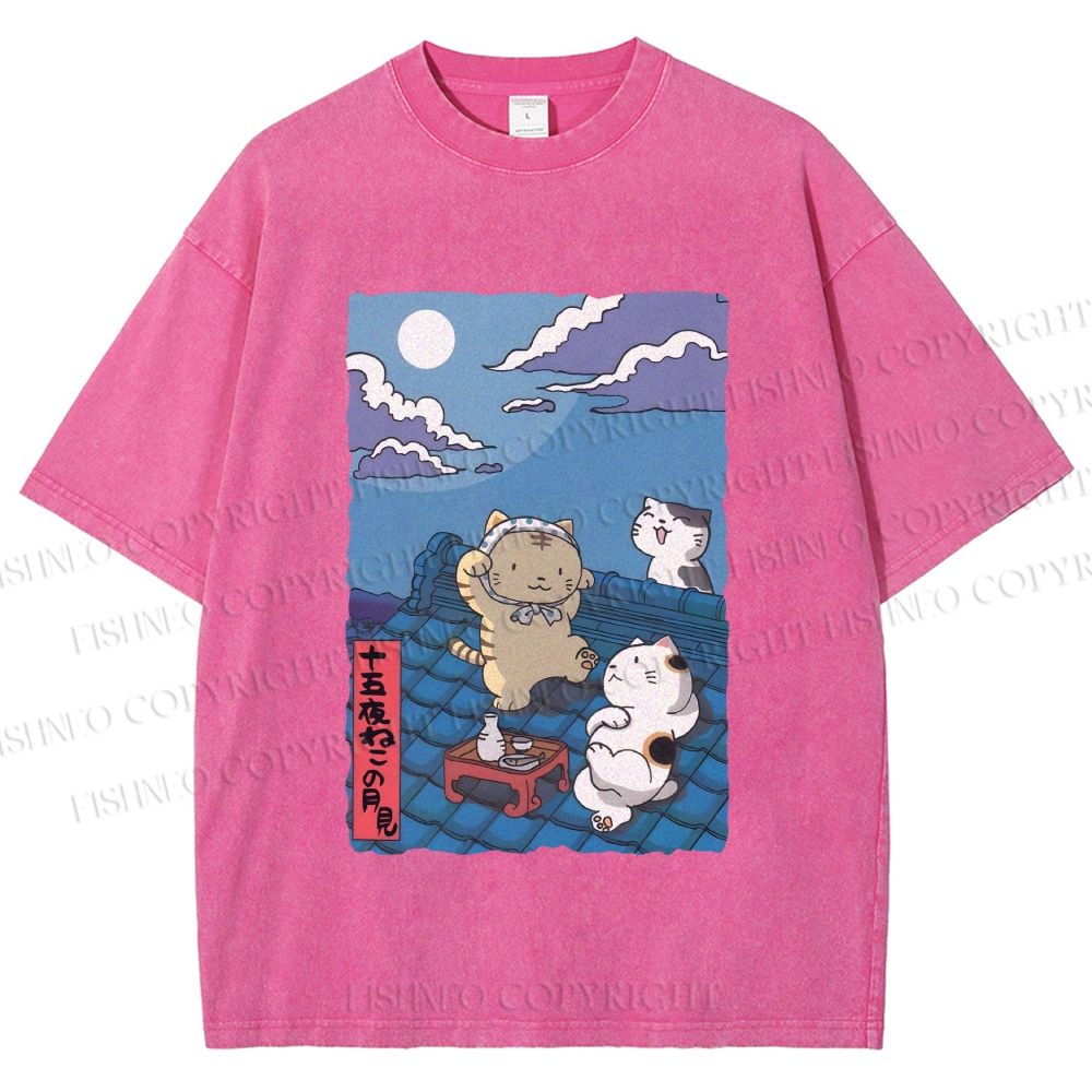 Unisex Japanese Cats Playing Underneath the Moonlight Printed Washed Tee