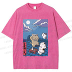 Unisex Japanese Cats Playing Underneath the Moonlight Printed Washed Tee