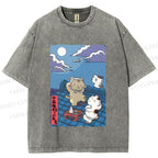 Unisex Japanese Cats Playing Underneath the Moonlight Printed Washed Tee