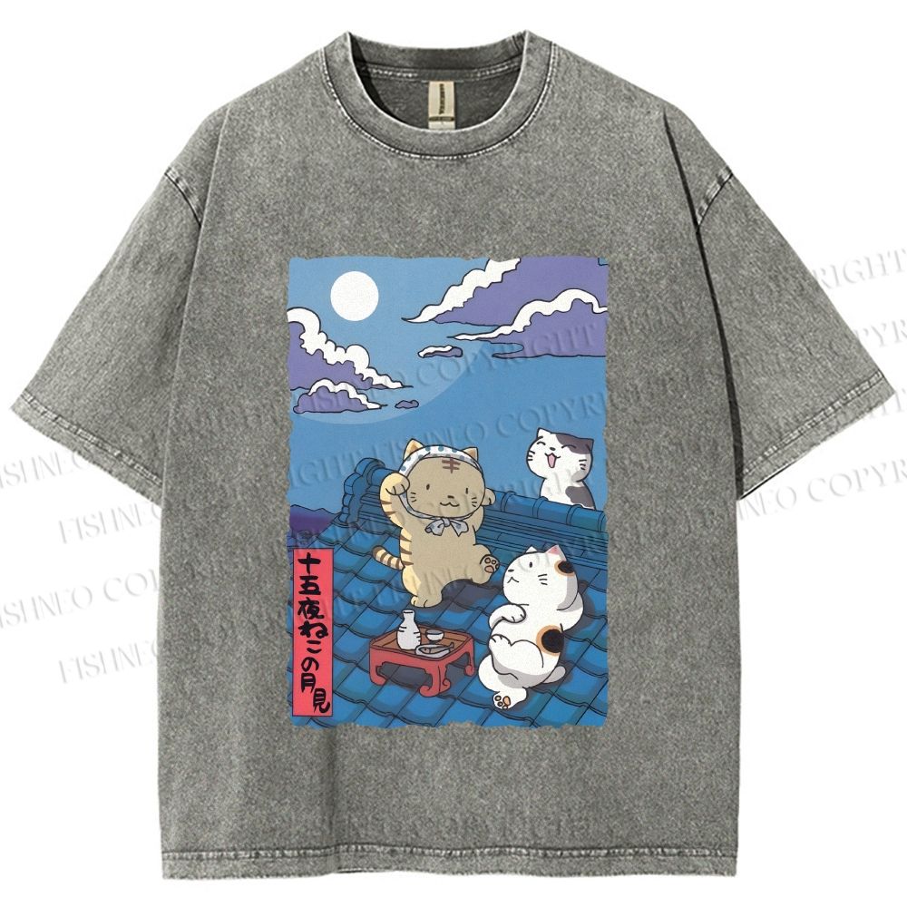 Unisex Japanese Cats Playing Underneath the Moonlight Printed Washed Tee
