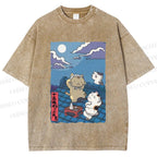 Unisex Japanese Cats Playing Underneath the Moonlight Printed Washed Tee