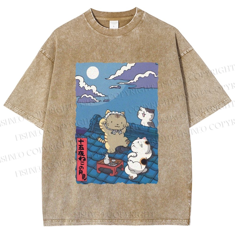 Unisex Japanese Cats Playing Underneath the Moonlight Printed Washed Tee