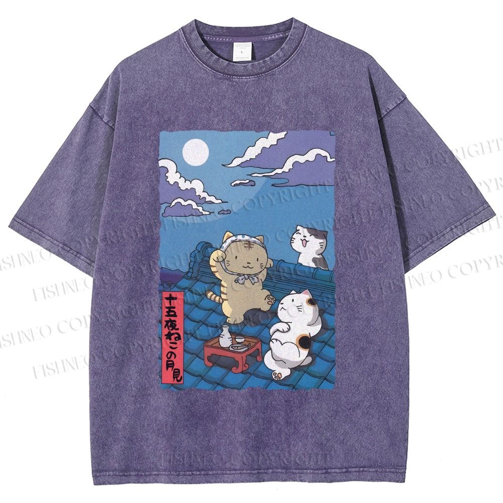 Unisex Japanese Cats Playing Underneath the Moonlight Printed Washed Tee