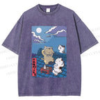 Unisex Japanese Cats Playing Underneath the Moonlight Printed Washed Tee