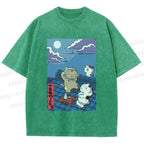 Unisex Japanese Cats Playing Underneath the Moonlight Printed Washed Tee