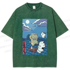 Unisex Japanese Cats Playing Underneath the Moonlight Printed Washed Tee