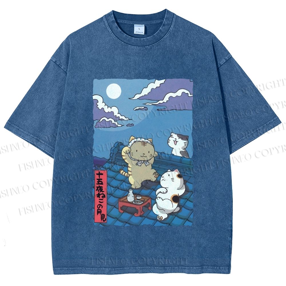 Unisex Japanese Cats Playing Underneath the Moonlight Printed Washed Tee