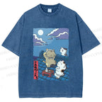 Unisex Japanese Cats Playing Underneath the Moonlight Printed Washed Tee