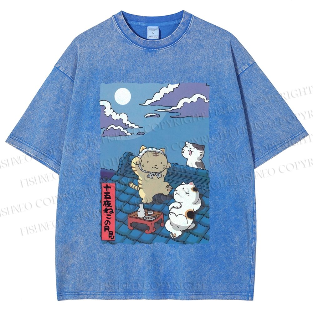 Unisex Japanese Cats Playing Underneath the Moonlight Printed Washed Tee