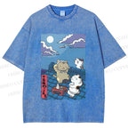 Unisex Japanese Cats Playing Underneath the Moonlight Printed Washed Tee