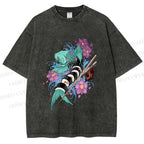 Unisex Japanese Ukiyo-e Sushi Fish Printed Washed Tee