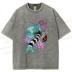Unisex Japanese Ukiyo-e Sushi Fish Printed Washed Tee