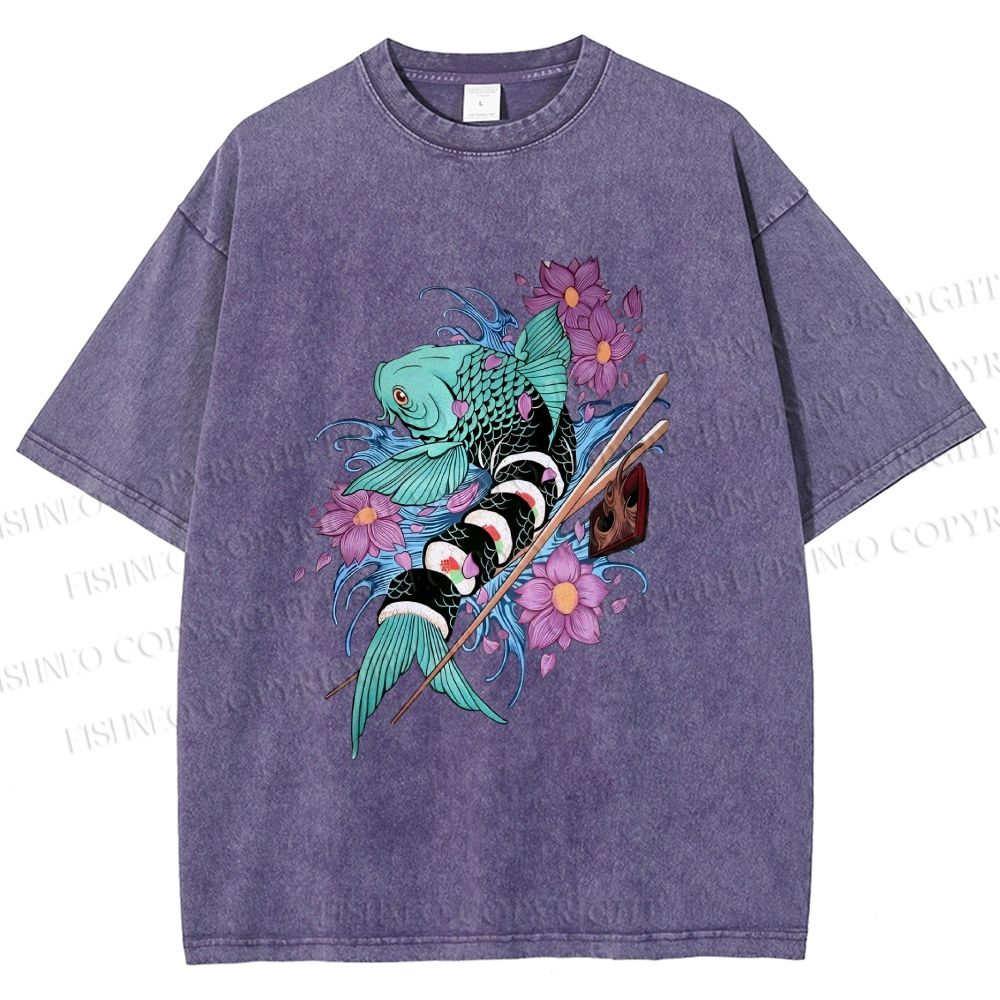 Unisex Japanese Ukiyo-e Sushi Fish Printed Washed Tee