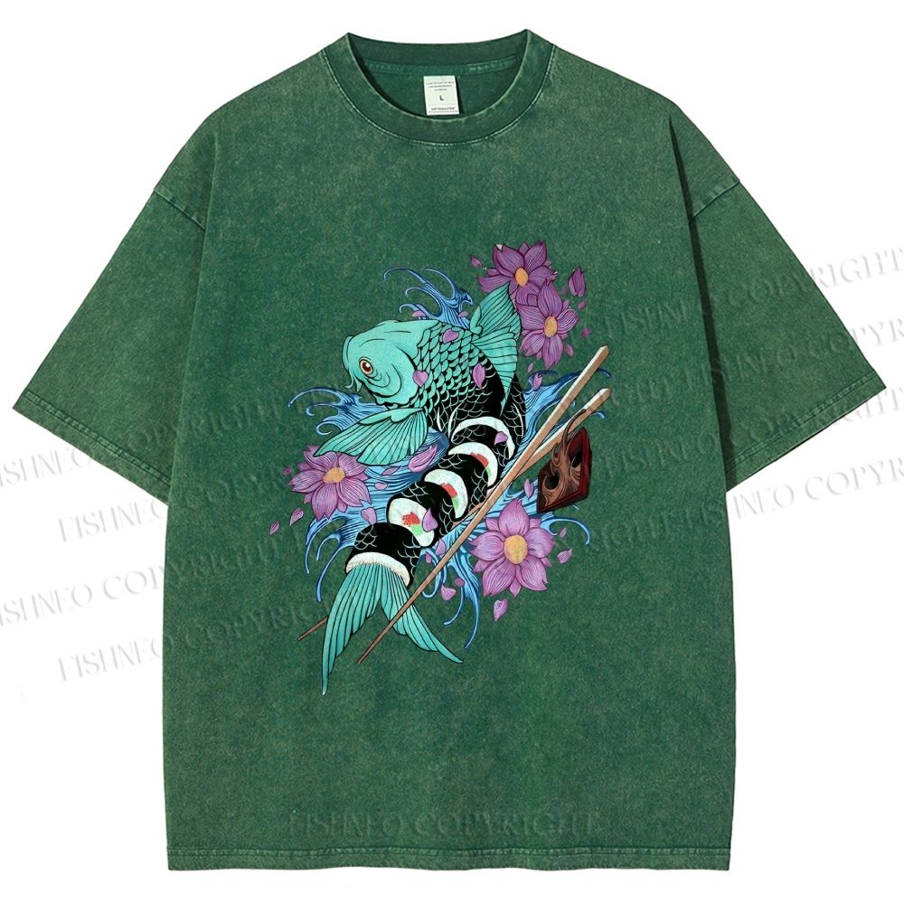 Unisex Japanese Ukiyo-e Sushi Fish Printed Washed Tee