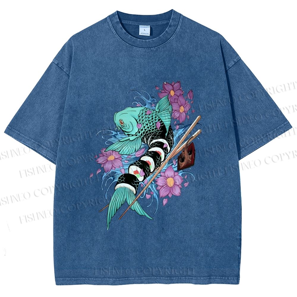 Unisex Japanese Ukiyo-e Sushi Fish Printed Washed Tee