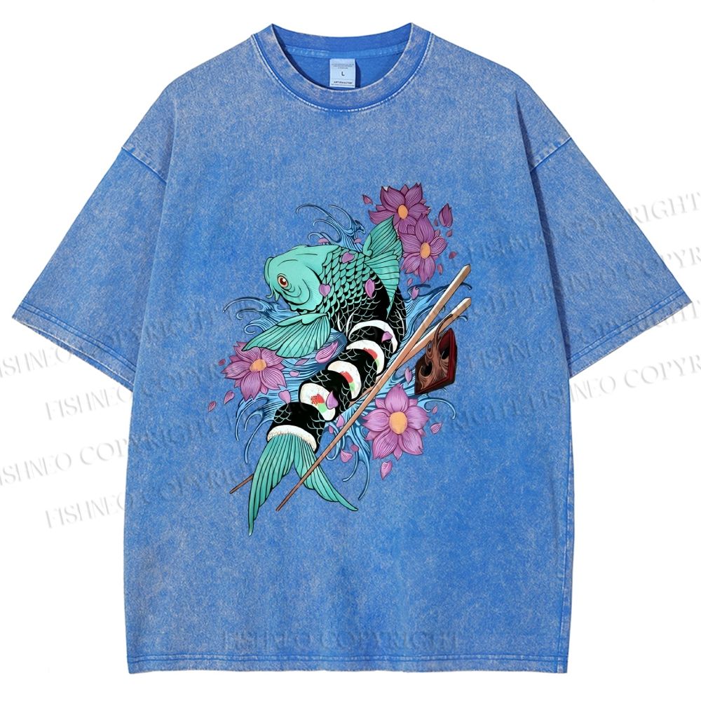 Unisex Japanese Ukiyo-e Sushi Fish Printed Washed Tee