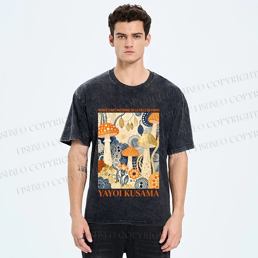 Unisex Yayoi Kusama Mushroom Printed Washed Tee