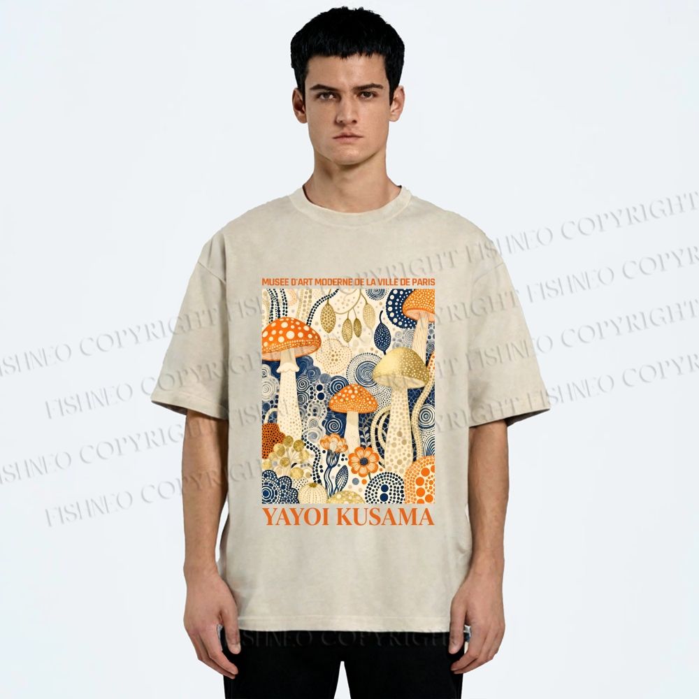 Unisex Yayoi Kusama Mushroom Printed Washed Tee
