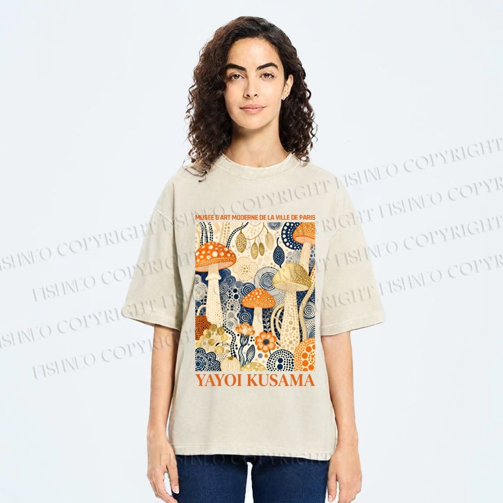 Unisex Yayoi Kusama Mushroom Printed Washed Tee