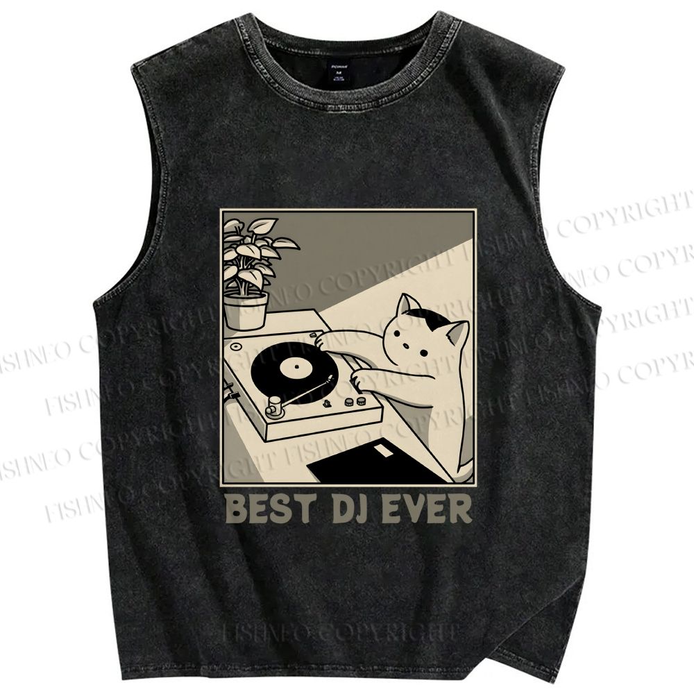 Unisex Best Cat DJ Ever Printed Washed Tank Top