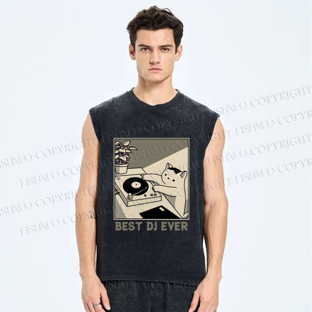 Unisex Best Cat DJ Ever Printed Washed Tank Top