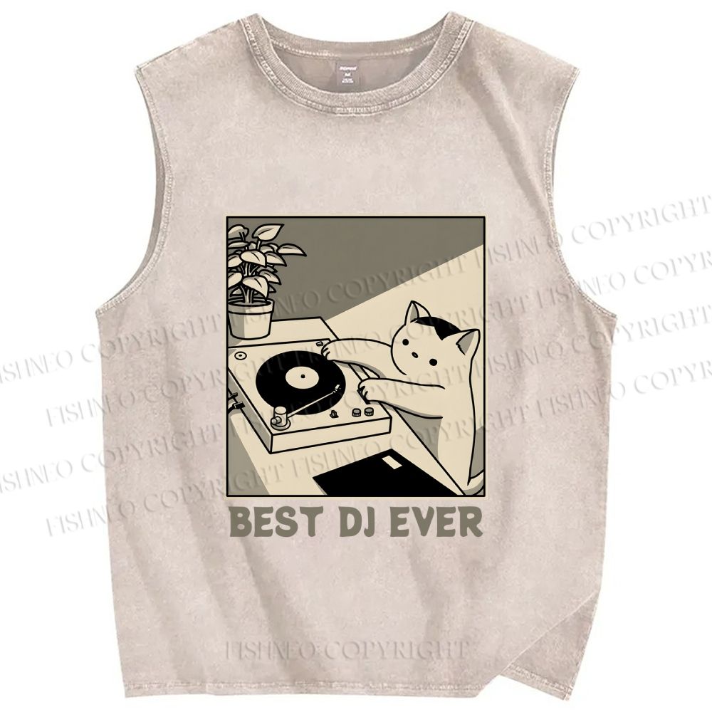 Unisex Best Cat DJ Ever Printed Washed Tank Top
