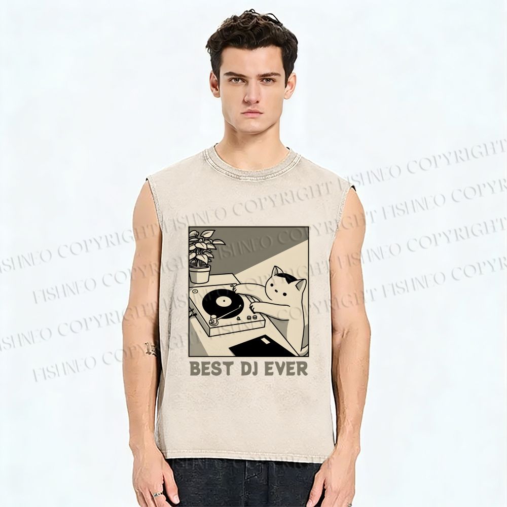 Unisex Best Cat DJ Ever Printed Washed Tank Top
