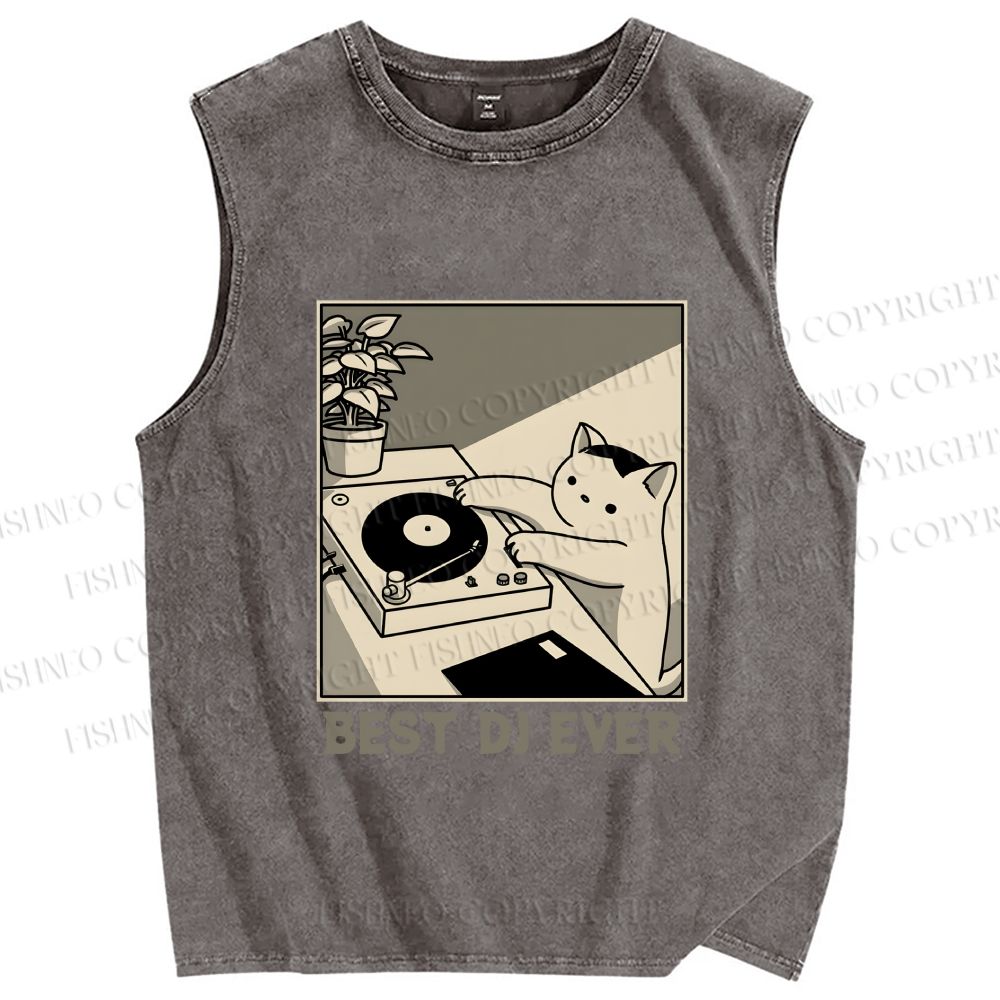 Unisex Best Cat DJ Ever Printed Washed Tank Top