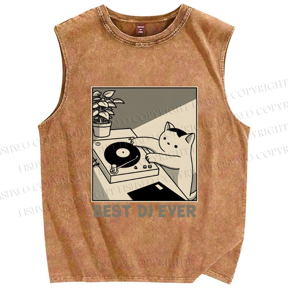 Unisex Best Cat DJ Ever Printed Washed Tank Top