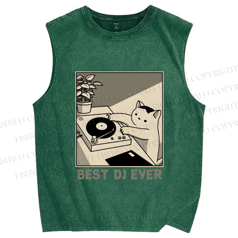 Unisex Best Cat DJ Ever Printed Washed Tank Top