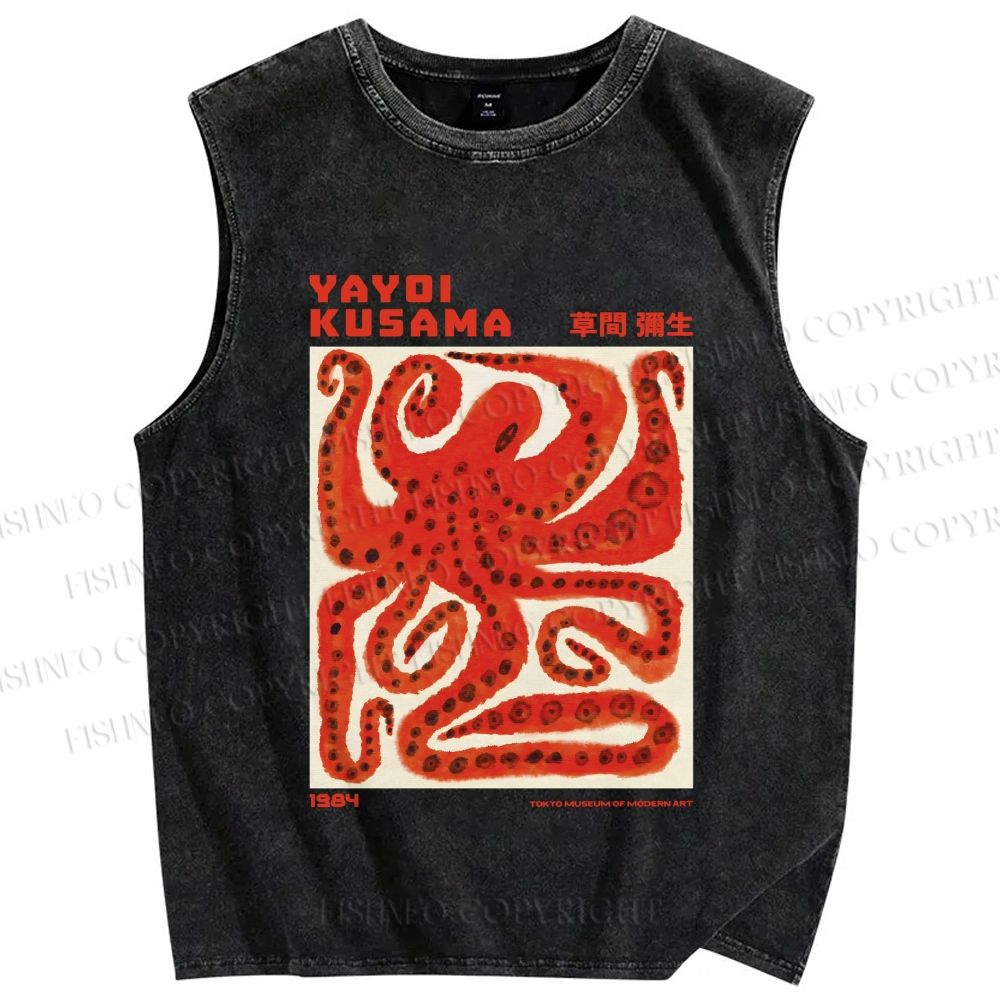 Unisex Yayoi Kusama Red Octopus in Square Printed Washed Tank Top