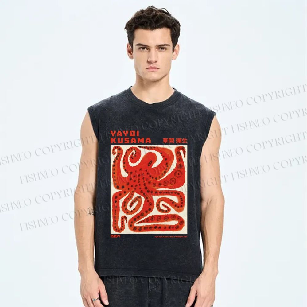Unisex Yayoi Kusama Red Octopus in Square Printed Washed Tank Top