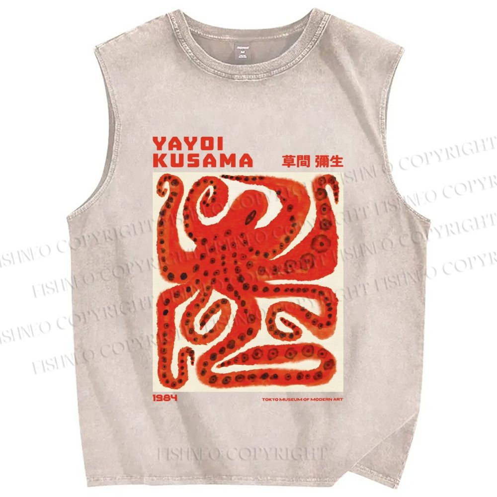 Unisex Yayoi Kusama Red Octopus in Square Printed Washed Tank Top