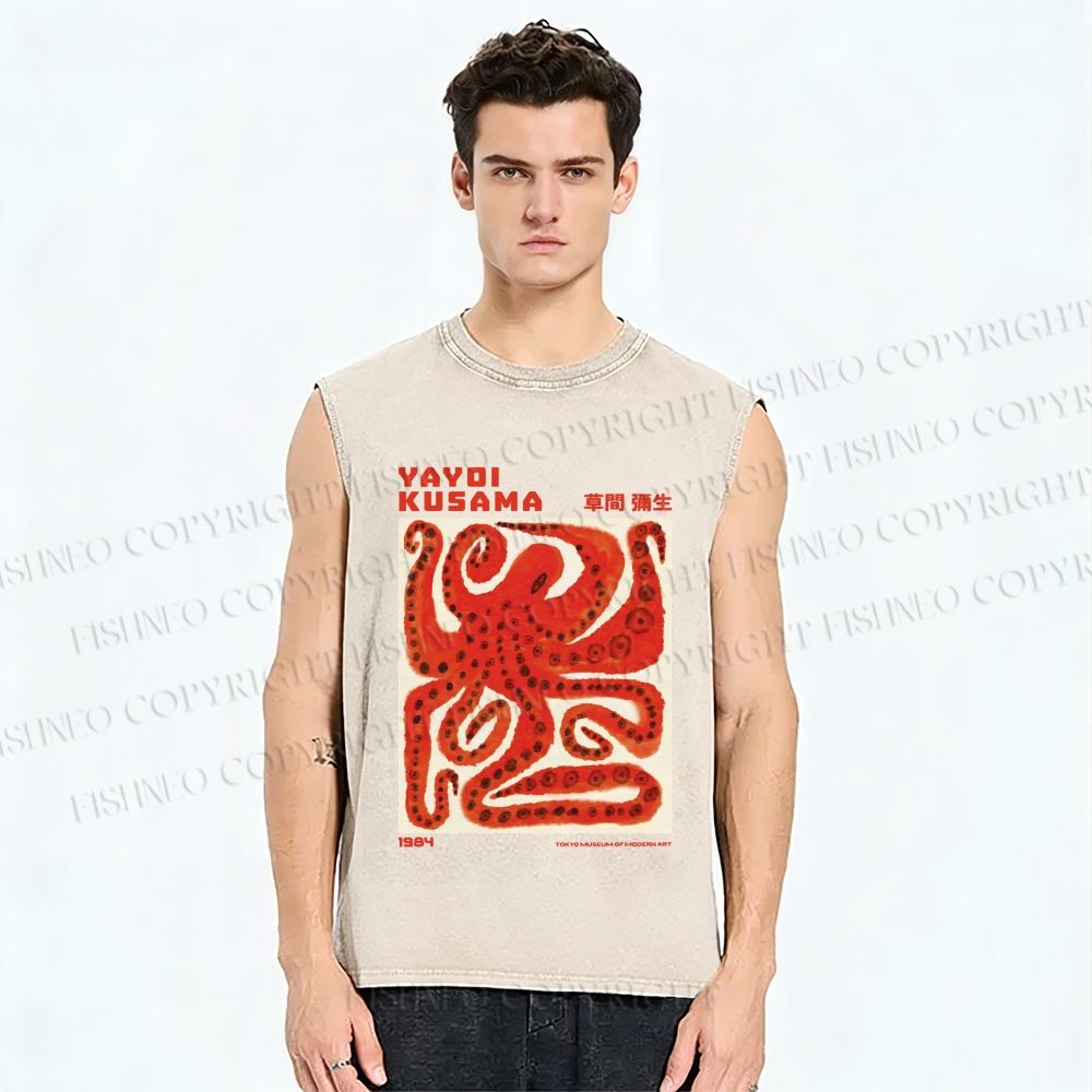Unisex Yayoi Kusama Red Octopus in Square Printed Washed Tank Top