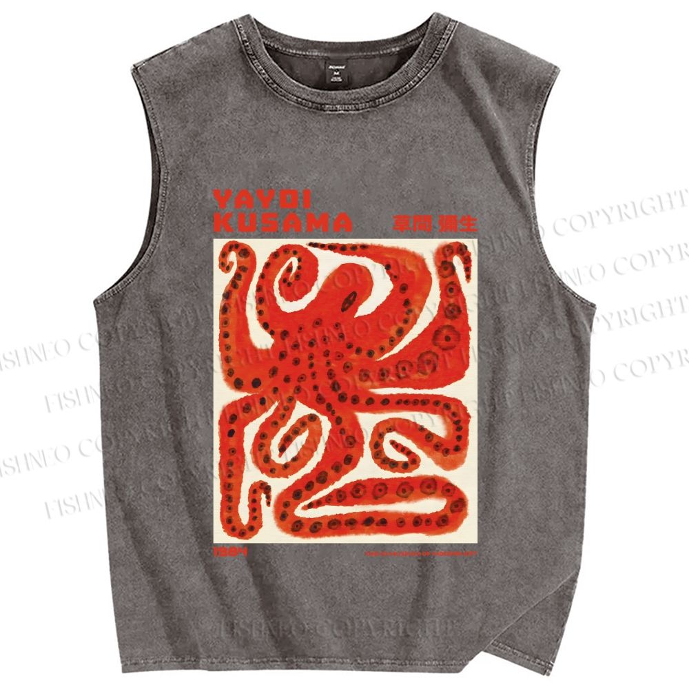 Unisex Yayoi Kusama Red Octopus in Square Printed Washed Tank Top
