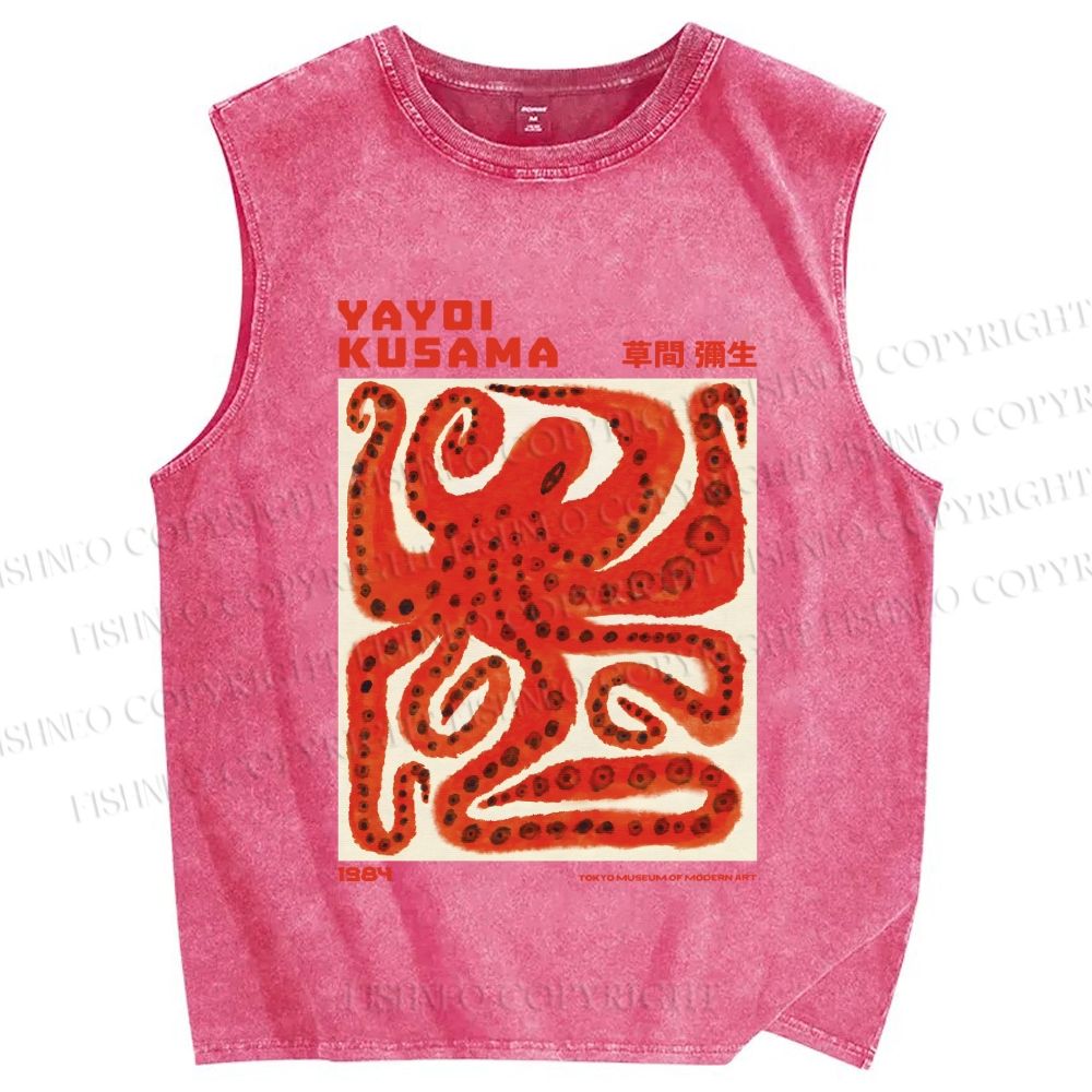 Unisex Yayoi Kusama Red Octopus in Square Printed Washed Tank Top