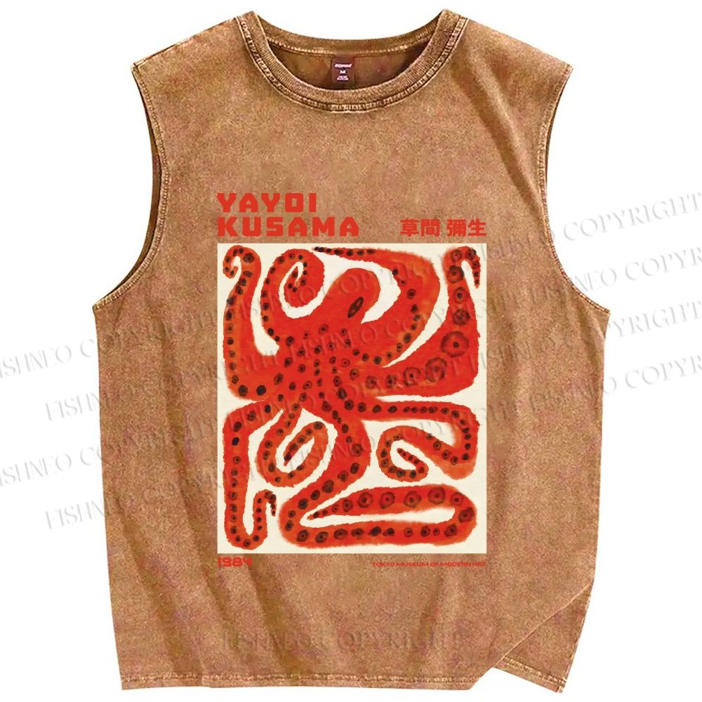 Unisex Yayoi Kusama Red Octopus in Square Printed Washed Tank Top